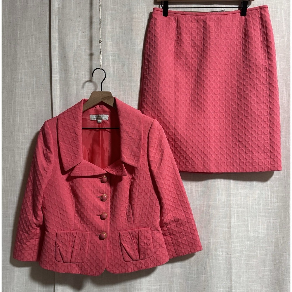 Tahari Arthur S Levine Coral Suit Blazer Skirt Set Women's Sz 12 Career - Picture 2 of 16